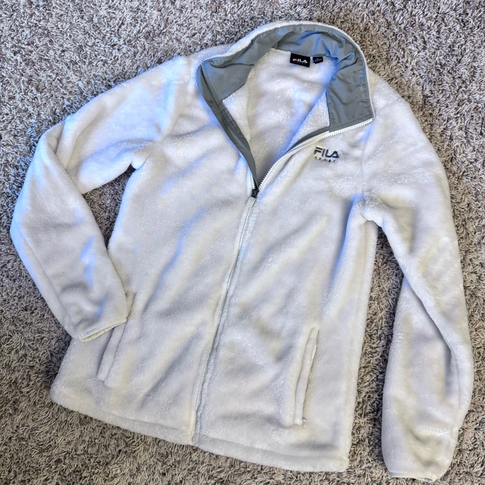 Fila - Women’s (M) White Faux Fur Long Sleeve Zip Up Sweater, Jacket, Coat